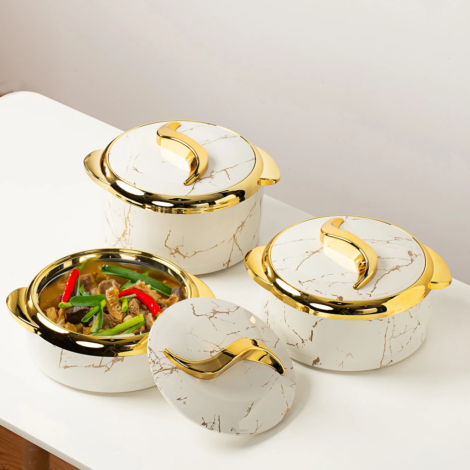 3 Piece Marble White Insulated Food Warmer