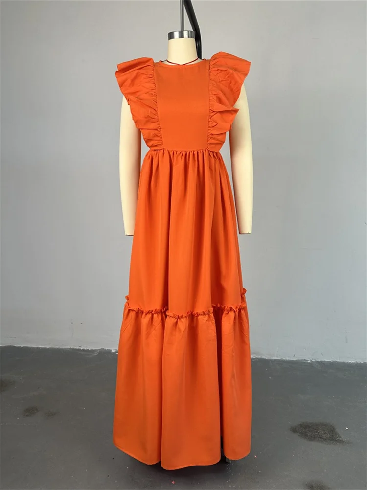 Wmstar Dresses for Women Elegant Leaf Sleeve Solid Casual Party Long Swing Dress New Summer Clothes Wholesale Dropshipping 2024