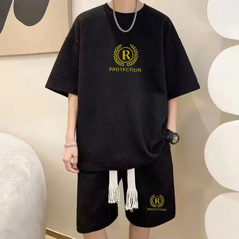 thumbnail image 1 of Conjunto de verano para hombre, camiseta con estampado de gofres, pantalones cortos, traje, diseño de marca elegante, pantalones deportivos de moda, conjunto de 2 piezas, 1 of 5