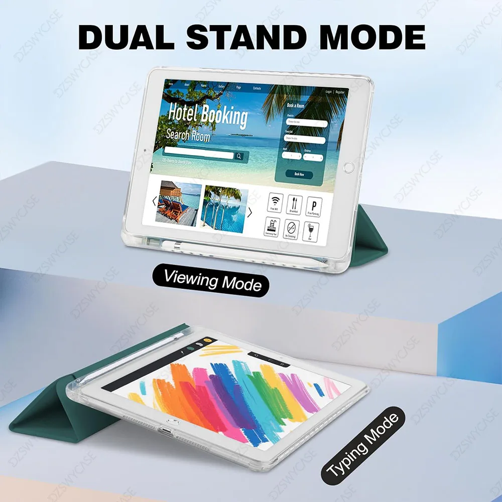 Premium iPad 9.7 Slim Case with Pencil Holder and Auto Sleep/Wake功能，透明背壳设计