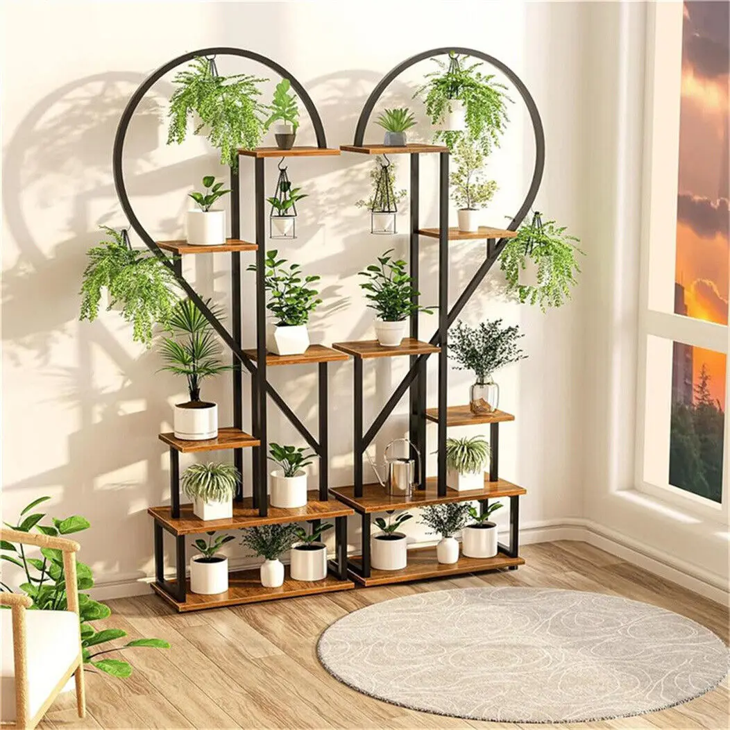 6 Tier Heart Shaped Plant Stand, Wood & Metal Flower Rack for Plants Display, Storage Shelf for Garden, Balcony, Living Room — view 2