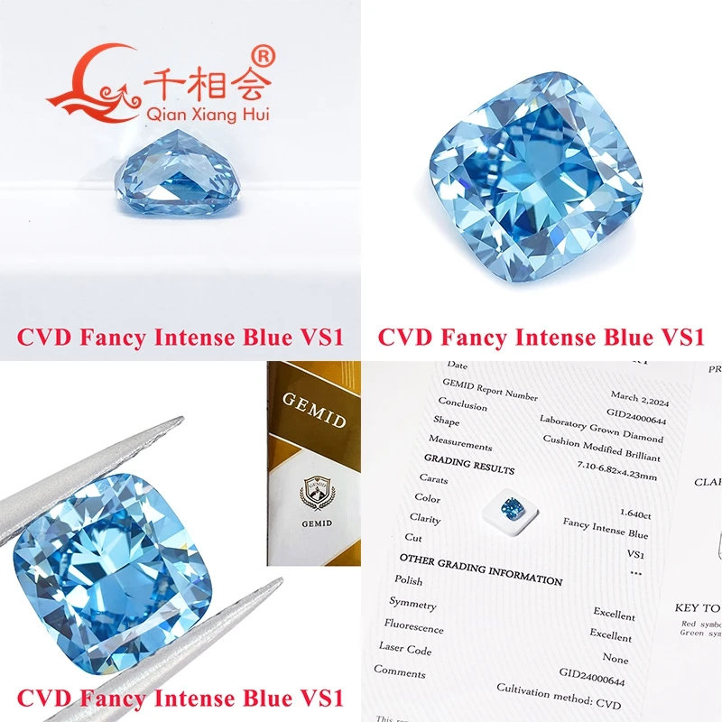 CVD Lab Grown Diamond Loose Stone 1.6ct-2ct Cushion Shape Fancy Vivid Aquamarine Blue Clarity VS1 Certified Gem by GEMID