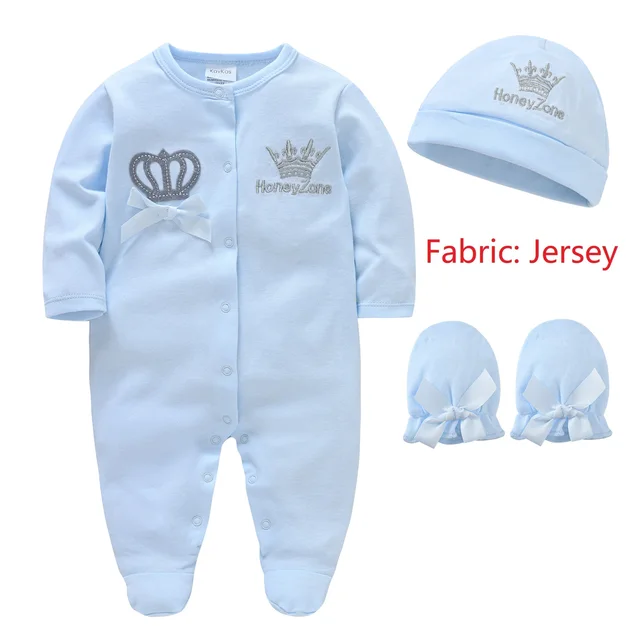 Newborn Baby Boys Romper Royal Crown Prince 100% Cotton Clothing Set with Cap Gloves Infant Girl One-Pieces Footies Sleepsuits 1