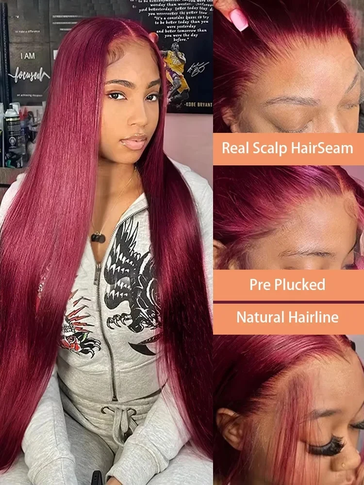 30 34 Inch 99J Burgundy Colored 13x4 Lace Front Wig Bone Straight 5x5 Closure Glueless 13x6 HD Red Lace Frontal Human Hair Wigs