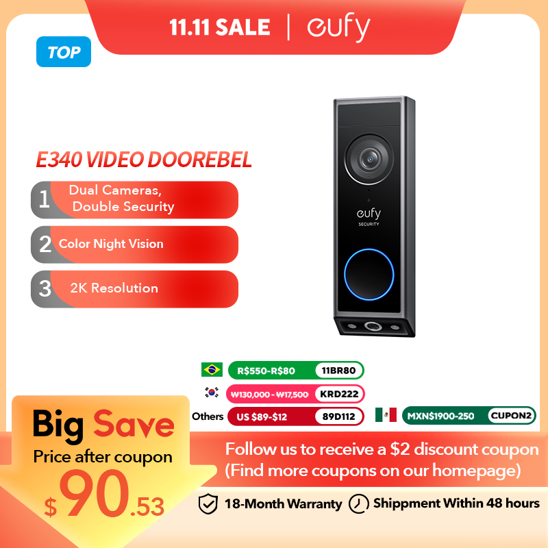 eufy Security Video Doorbell E340 Dual Cameras with Delivery Guard 2K Full HD Color Night Vision Wired or Battery Powered