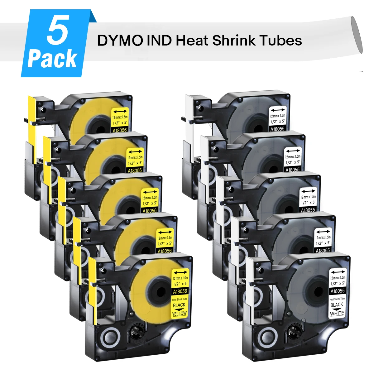 Nastro 5Pk 6/9/12/18/24Mm Compatibile Per Dymo Rhino Heat Shrink Tube 18052 18055 18056 Per Stampante Per Etichette Dymo 4200 6000 5200
