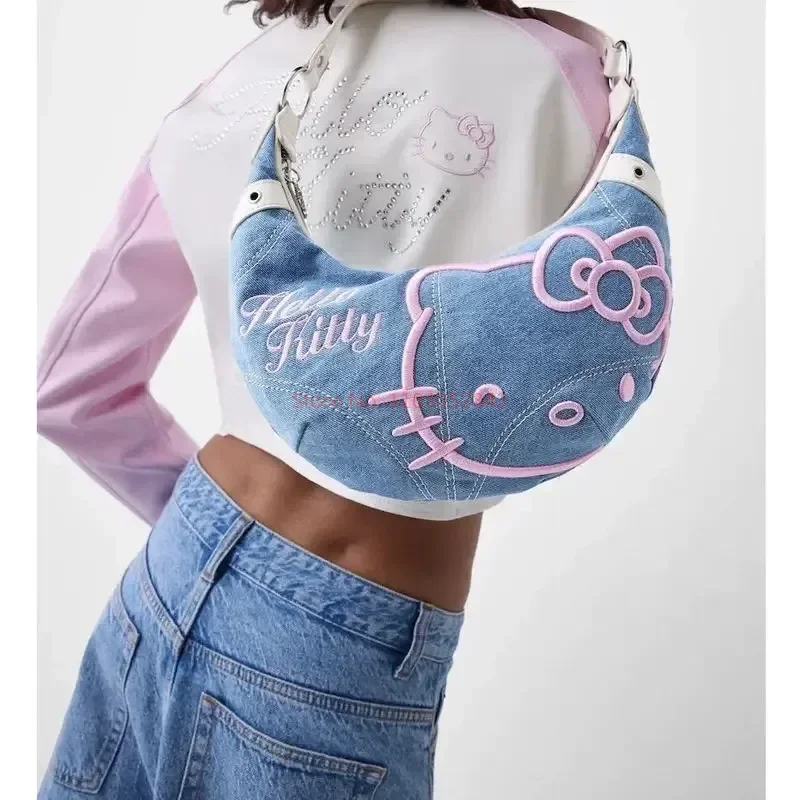 

Новинка весна-лето 2024, вместительная джинсовая сумка для подмышек Hellokitty, милая Ретро сумка-мессенджер через плечо для женщин