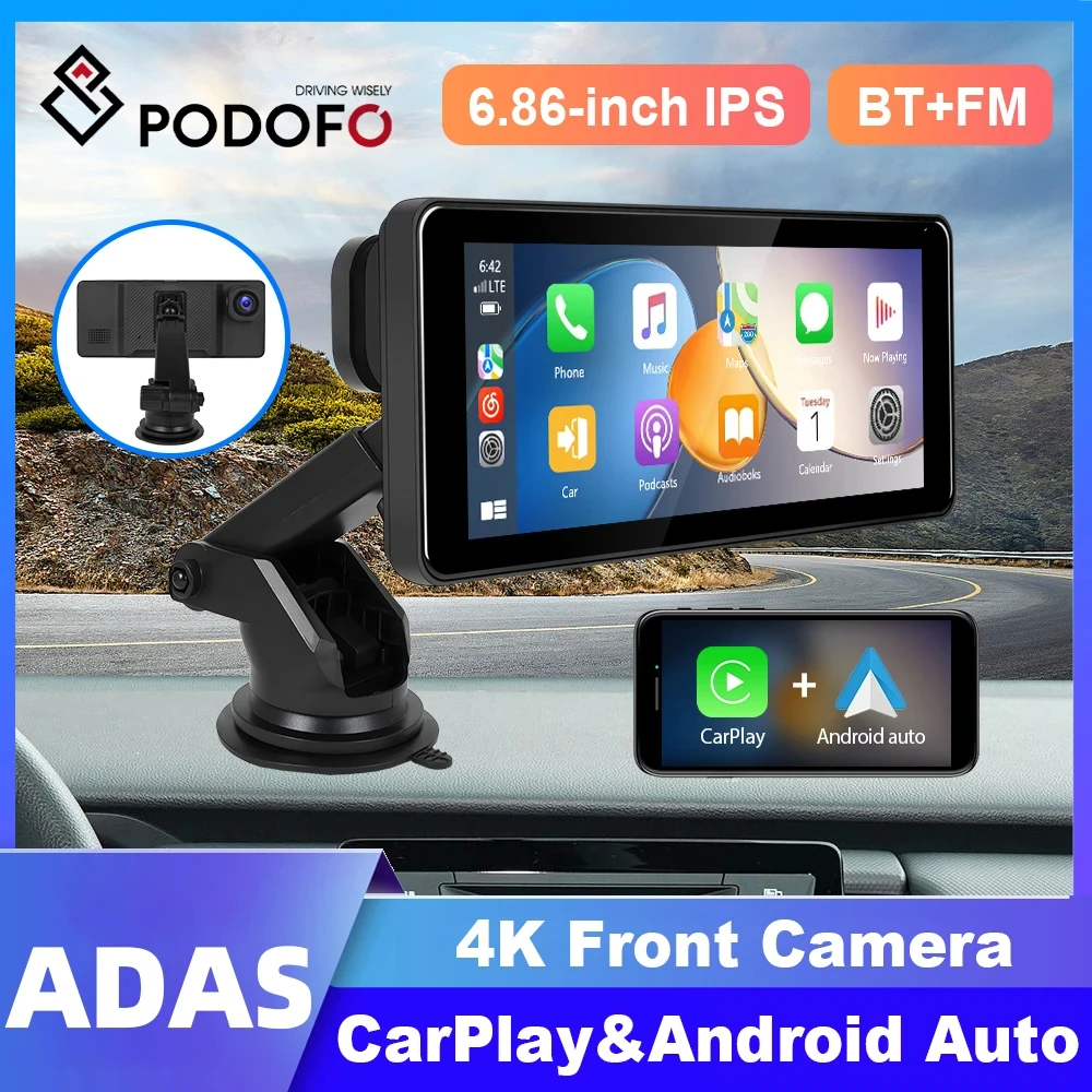 

Podofo 6.86 inch Screen Carplay Portable Smart Player Car radio Suppport Rear Camera Android Auto/CarPlay With 4K Foward Camera