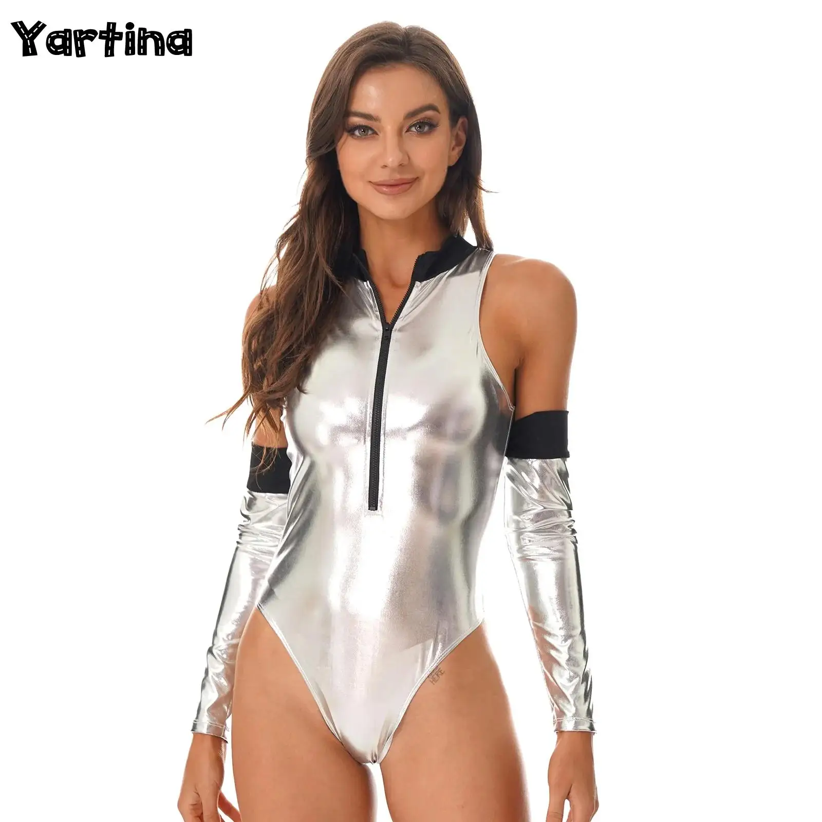 

Womens Astronaut Cosplay Outfit Role Play Ballet Costume Shiny Patent Leather Bodysuit Zipper Mock Neck Catsuit with Oversleeve