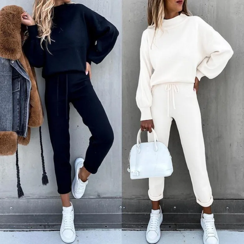 Women's High Collar Sweater And Pure Color Trousers Two-Piece Set Casual Autumn Winter Fashion Ensemble 3