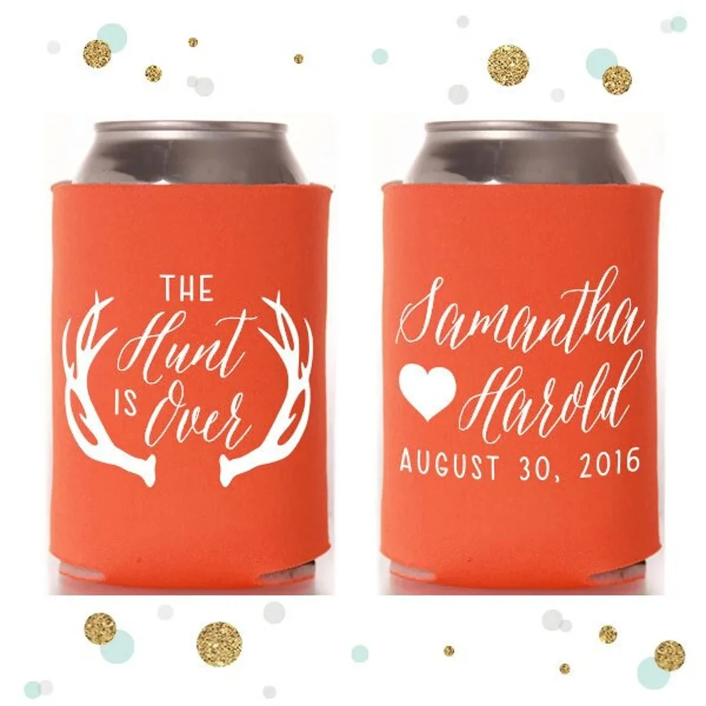 

The Hunt is Over - Wedding Can Cooler #16R - Personalized and Custom - Antlers - Bridal Wedding Favors, Beverage Insulators, Bee