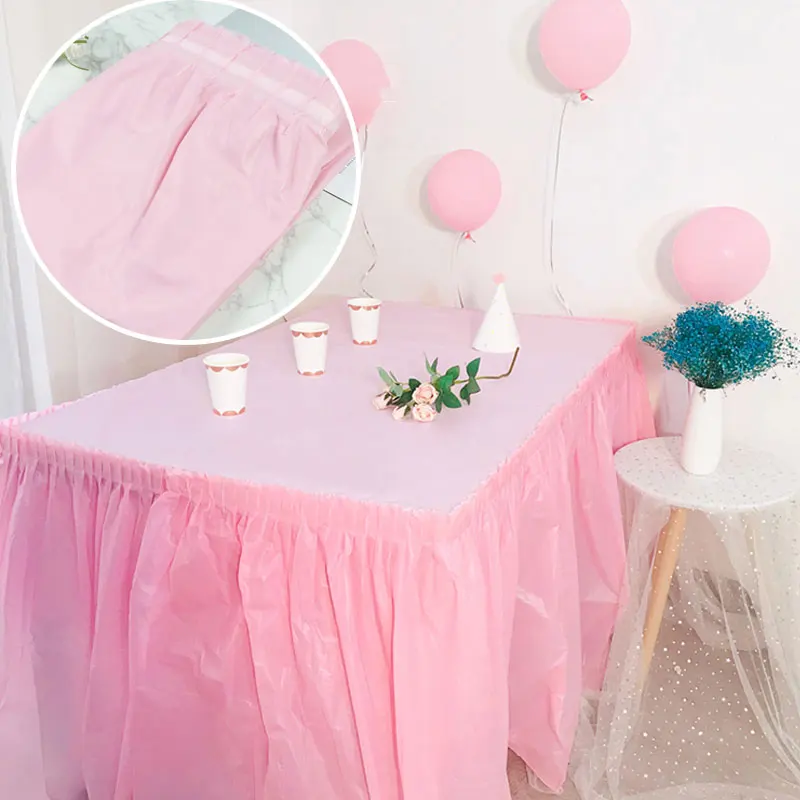Disposable Plastic Pink Table Skirt Rectangle Tulle Table Cover Oil Proof Tablecloth Wedding Reception Baby Shower Birthday