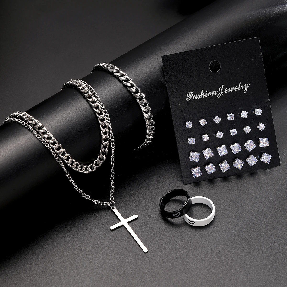 28pcs/set Casual Zircon Stud Earrings Cross Pendant Necklace Couple Ring Bracelet Set, Multi-piece Set, Suitable For Daily Wear