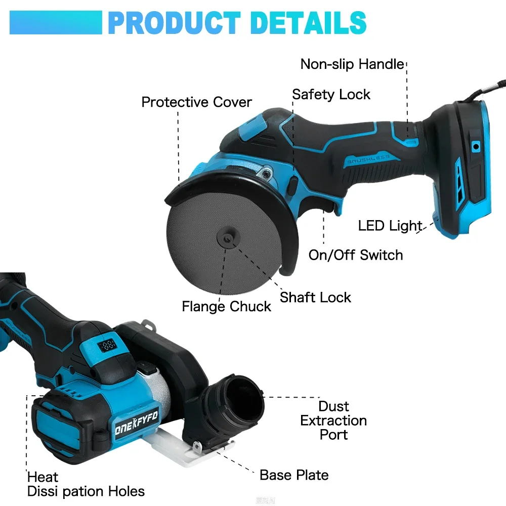 Electric circular saw ONEKFYFD brushless cordless 3inch mini rechargeable cut off grinder tool handheld for Makita 18V battery