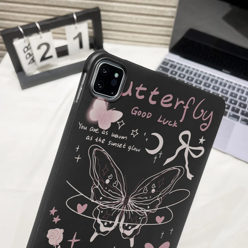 Matte Finish Tablet Case with Black Pink Butterfly Rose Design - Y2K Aesthetic