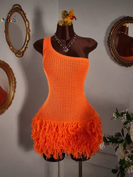 2026 Y2K TikTok Hot One Shoulder Crochet Dress Orange Fringe Bodycon Mini Dress for Vacation Party Clubwear 1