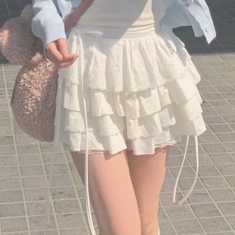 

Новая Милая Кружевная мини-юбка для женщин и девушек, Милая Белая трапециевидная плиссированная белая юбка в японском стиле Харадзюку, модная одежда