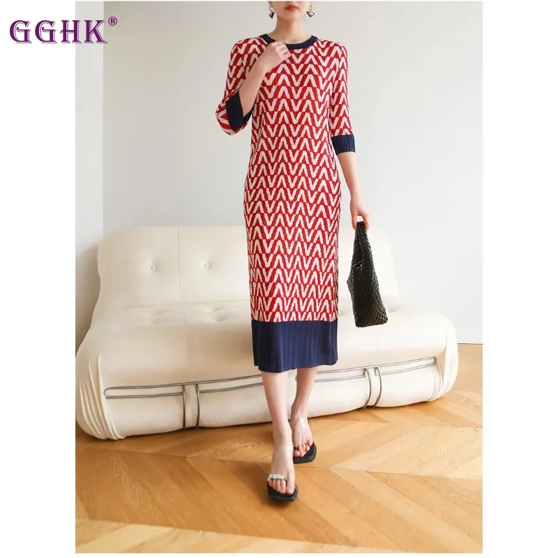 

GGHK Pleated Printed Color Blocking Stripe Design Women Dress 2024 Spring and Autumn New Loose Large Size Casual Dresses