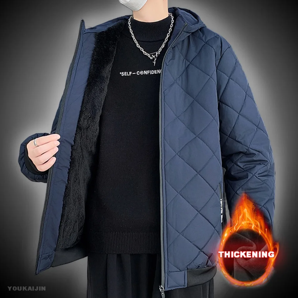 Jackets for Men Blue Hood Fall Winter Cotton Padded Jacket Fashion Clothing Rhombus Texture Casual Parkas Plus Size 5XL