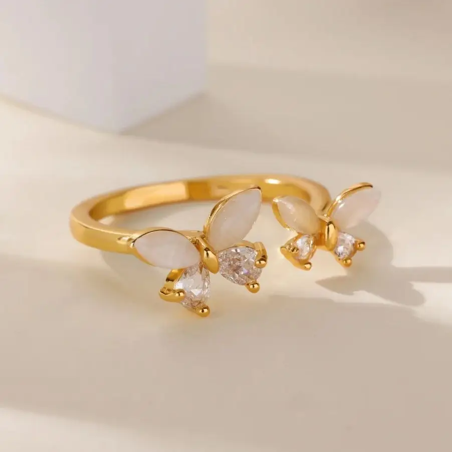 Luxury Zircon Butterfly Rings Double Stainless Steel Gold Color