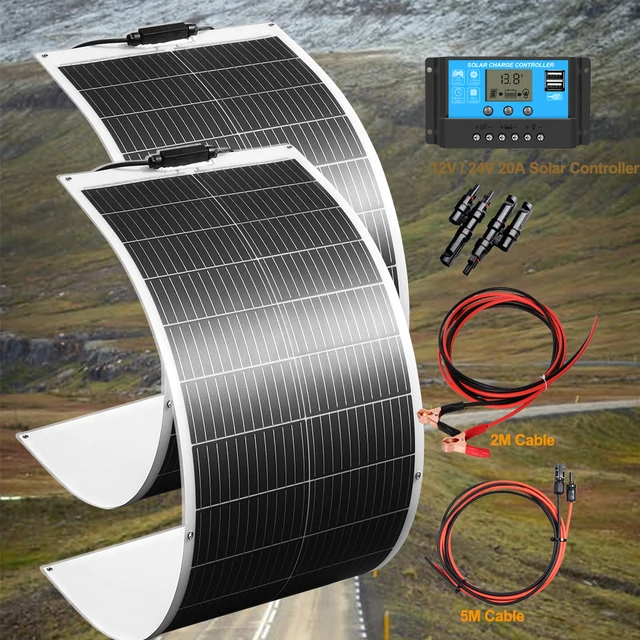 panneau solaire 500W 400W 200W 100W Kit flexibles Panneaux solaires photovoltaïques portables Câbles de connexion PV 12V 24V Module solaire pour Yacht RV, Camping, Maison, Bateau, Marine, Surface courbe - Durable, 1