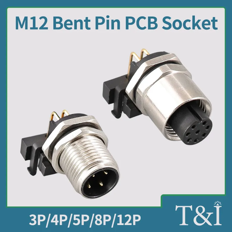 

5/10 PCS M12 Curved Bending PIN PCB Board Socket 3/4/5/8/12 Male & Female Elbow Flange Aviation Plug Connectors Needle Type