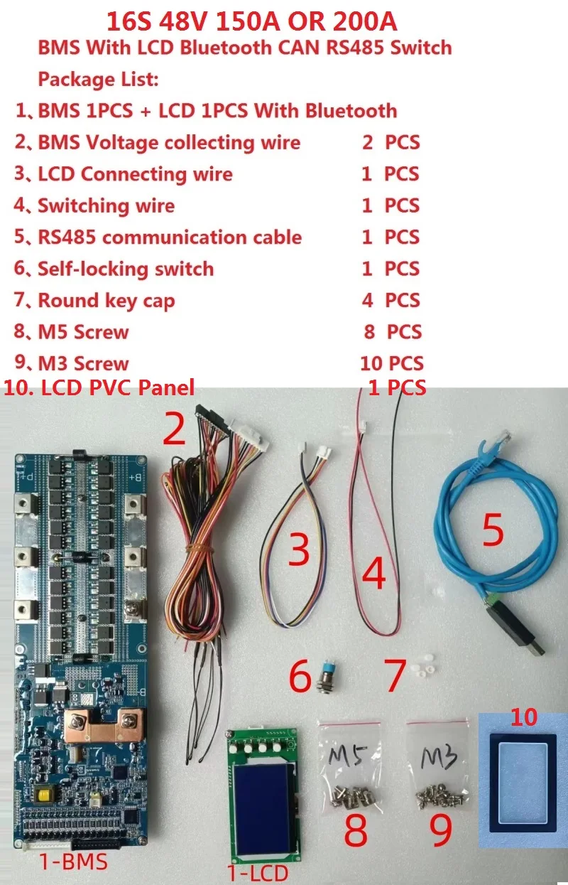 48V 16S 200A BMS With Bluetooth CAN CAN RS485 to Inverter RS485 to Communication