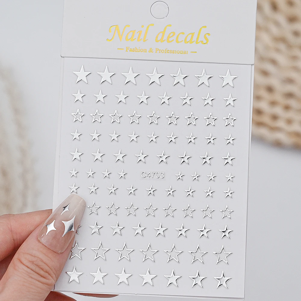 6pcs/set Metallic Silver Star/Moon/Heart Nail Sticker Y2K 3D Metal Mirror Effect Nail Decal 8*10cm Self-Adhesive Decoration