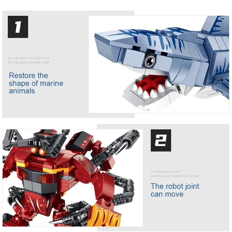 ミニチュアビルディングブロック,カニ,ダリ,タツノオトシゴ,イカ,サメ