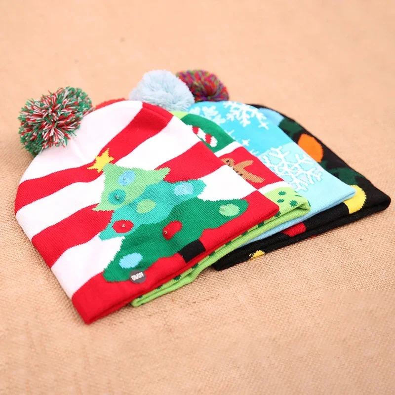 LED Knitted Christmas Hat Scarf For Adults And Children Light Up Beanie Illuminate Warm Hat New Year Christmas Decor With Ball
