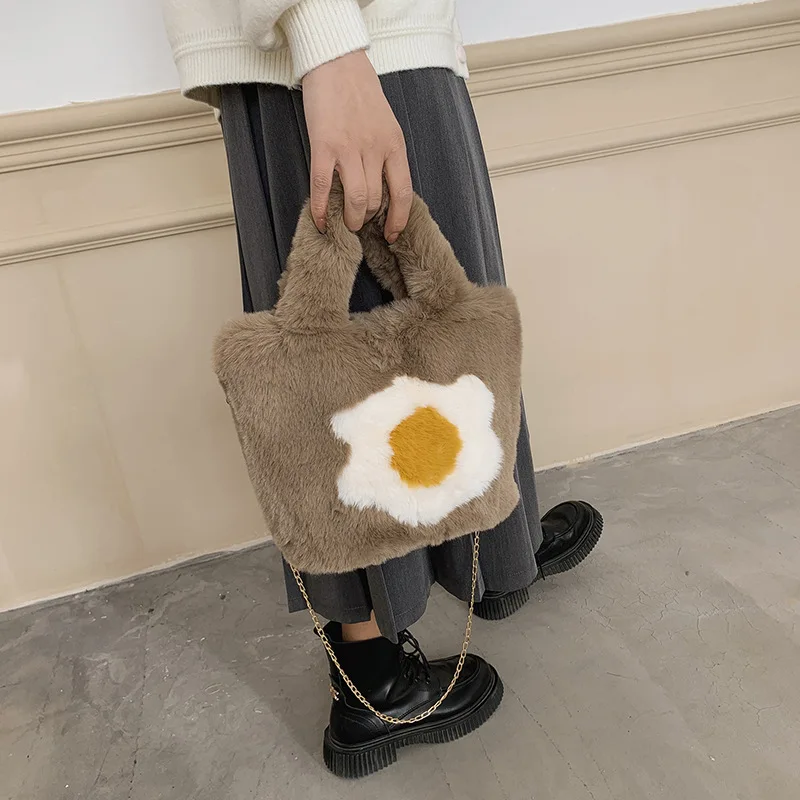 New Women's Plush Shoulder Bag Fried Egg Design with Detachable