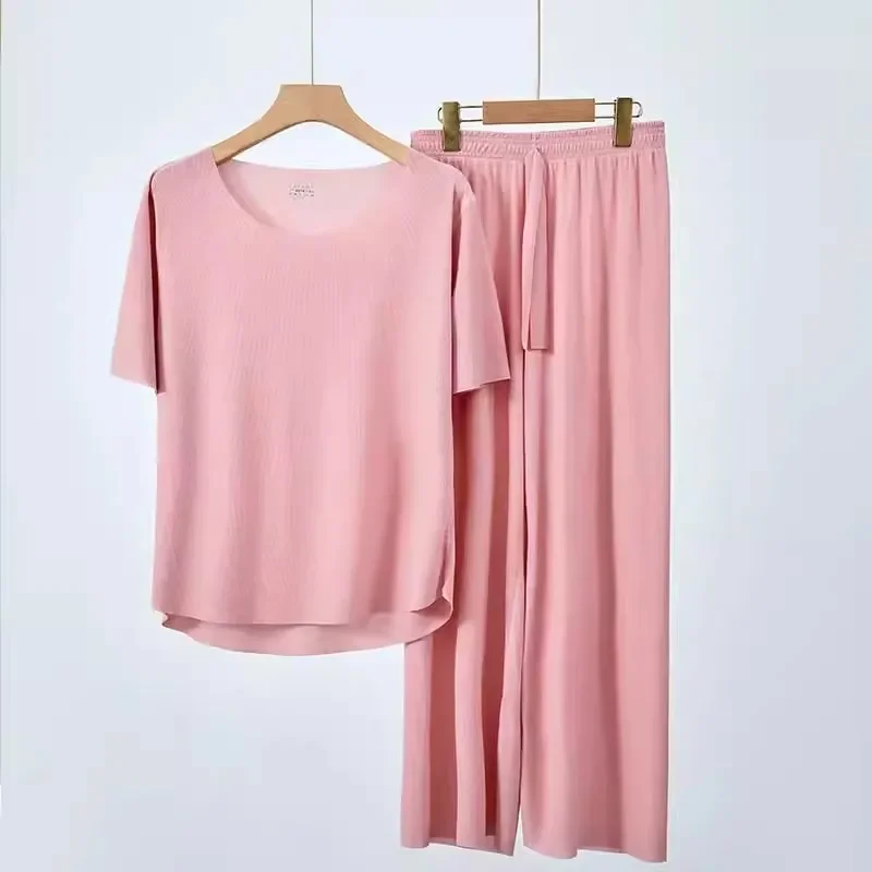 Ice Silk Seamless Pajamas Sets Summer Casual Round Neck Short Sleeved Couple Cool Sleeping Pants Ultra-thin Home Suit Set women pajamas set women pajama suit cotton pajamas set