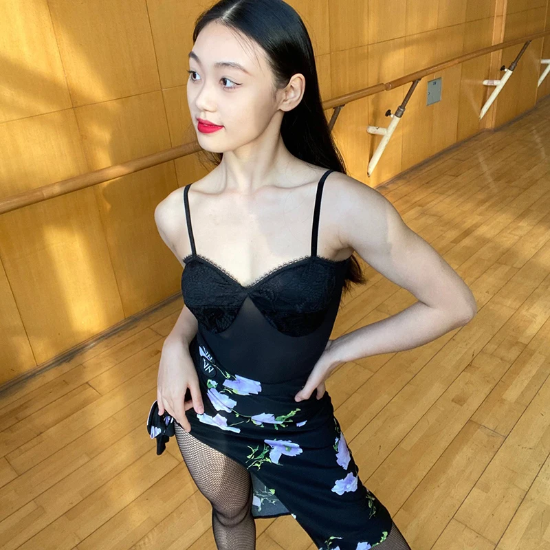 

New Latin Dance Practice Clothes Female Sexy Lace Mesh Top With Chest Pad Chacha Rumba Tango Dress Latin Dance Clothes DN15934