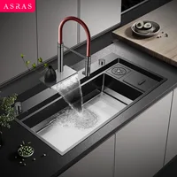 ASRAS kitchen sink, large single sink, right side drainage, high-pressure cup washing device, gray black sink, waterfall sink 1