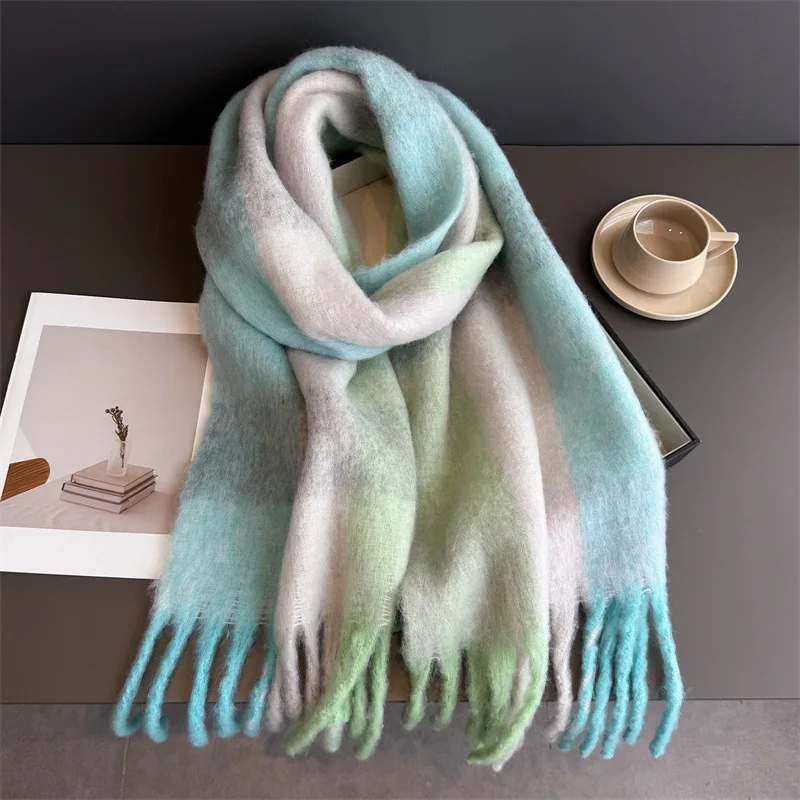 Winter Warm Thick Scarf Women Mohair Plaid Soft Tassel Shawl Wrap Pashmina Checkered Large Neck Blanket Scarf