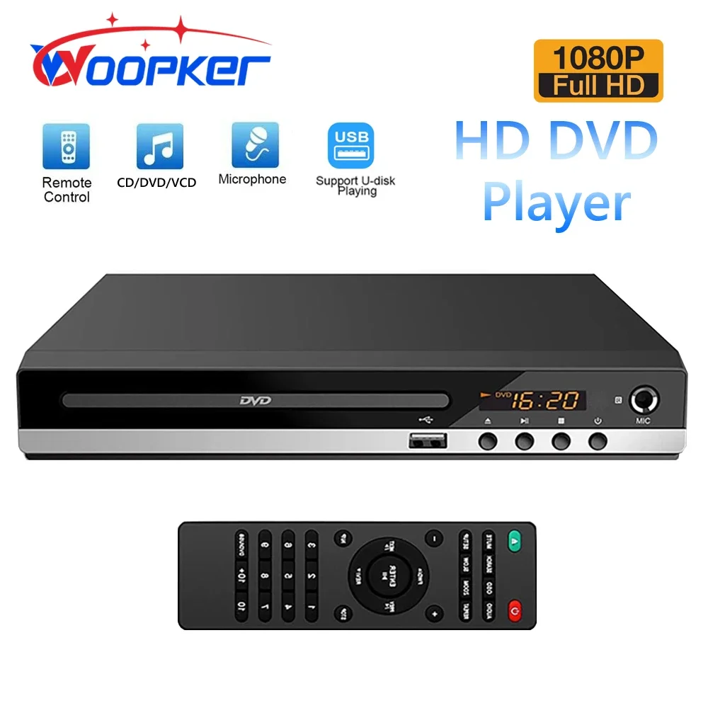 Woopker B29 HD 1080p CD/EVD/VCD DVD Player with AV and HD Outputs Home Digital Media Player with USB and Microphone Ports portable dvd player