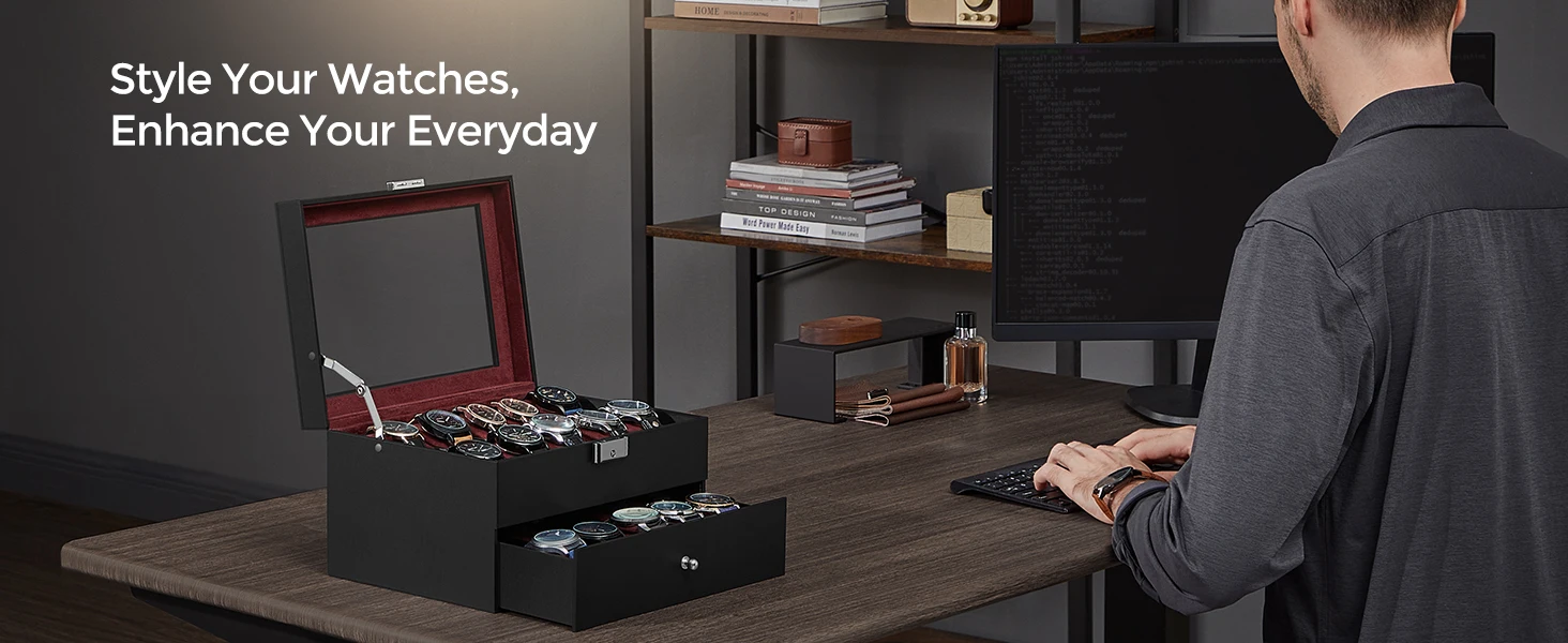 20-Slot Two-Layer Watch Box with Lockable Glass Lid, Velvet-Lined Watch Display Case, R... - SKU JDC00957 - UGI Packaging