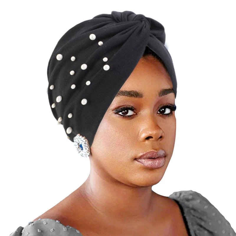 New Muslim Women Elastic Pearl Beading Turban Hat Cancer Cap Head Wrap Stretch Hijab Cap Turbante Beanie Hijab Caps Headwear