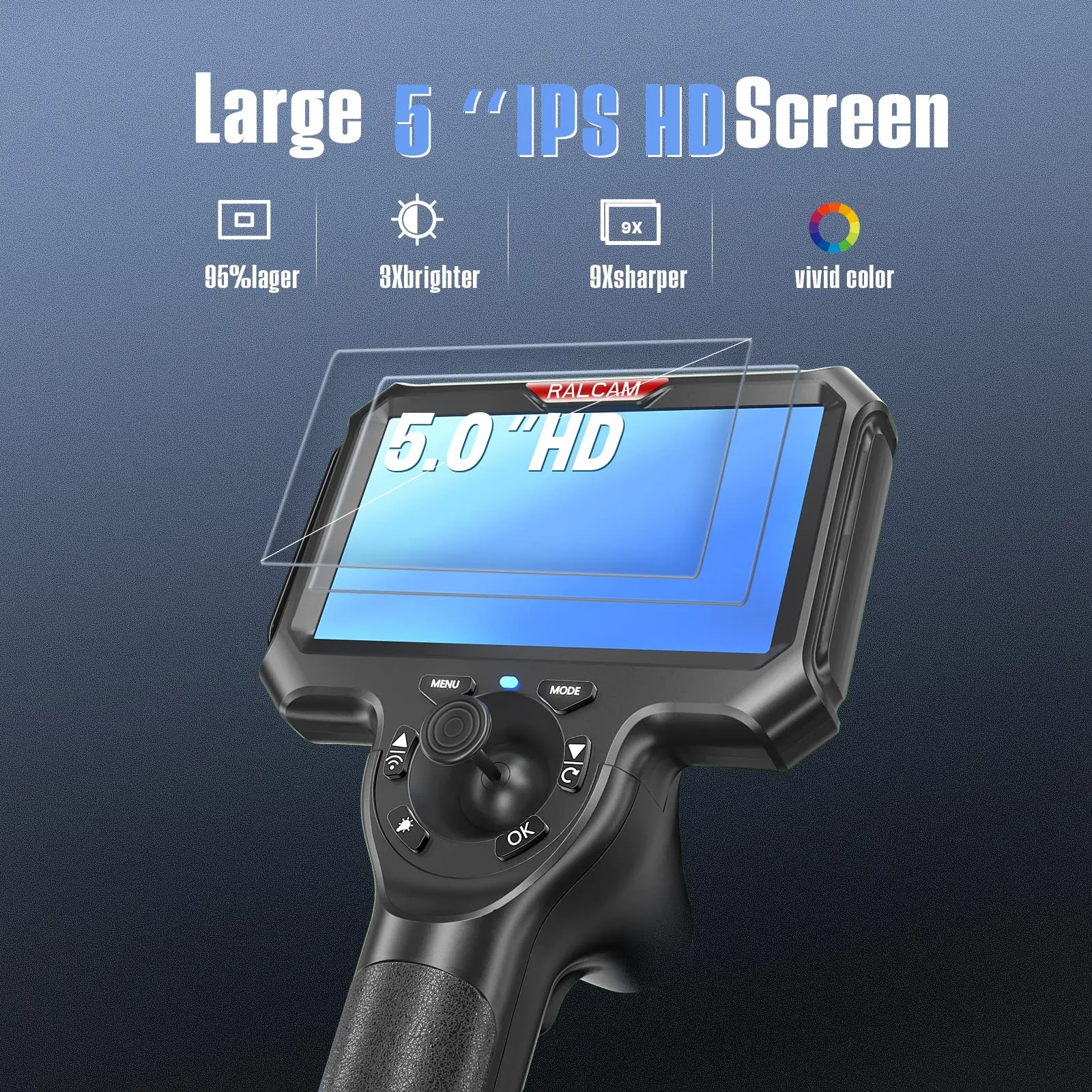 Ralcam 관절 산업용 등급 내시경 검사 카메라, 360 ° 조이스틱, 6mm, 4 웨이, 5 인치 IPS, 1MP, 6LED 조명
