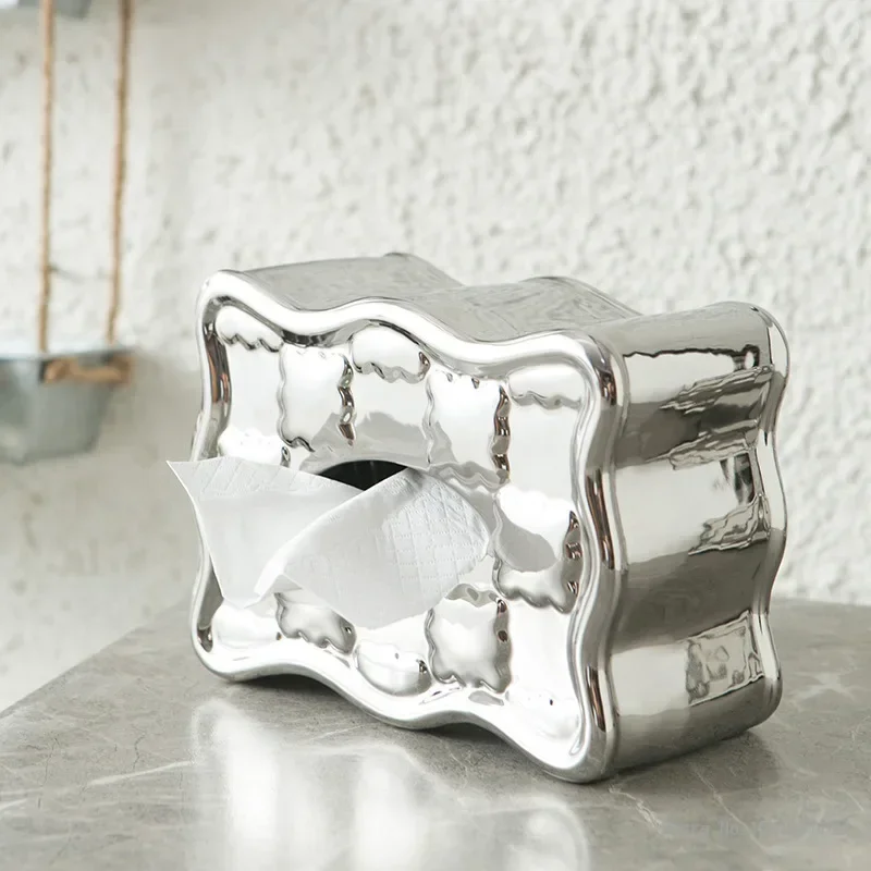 Creative Electroplated Silver Ceramic Tissue Box, Nordic Style, Home Living Room, Bedroom, Bathroom, Dining Table Decoration 1Pc 2