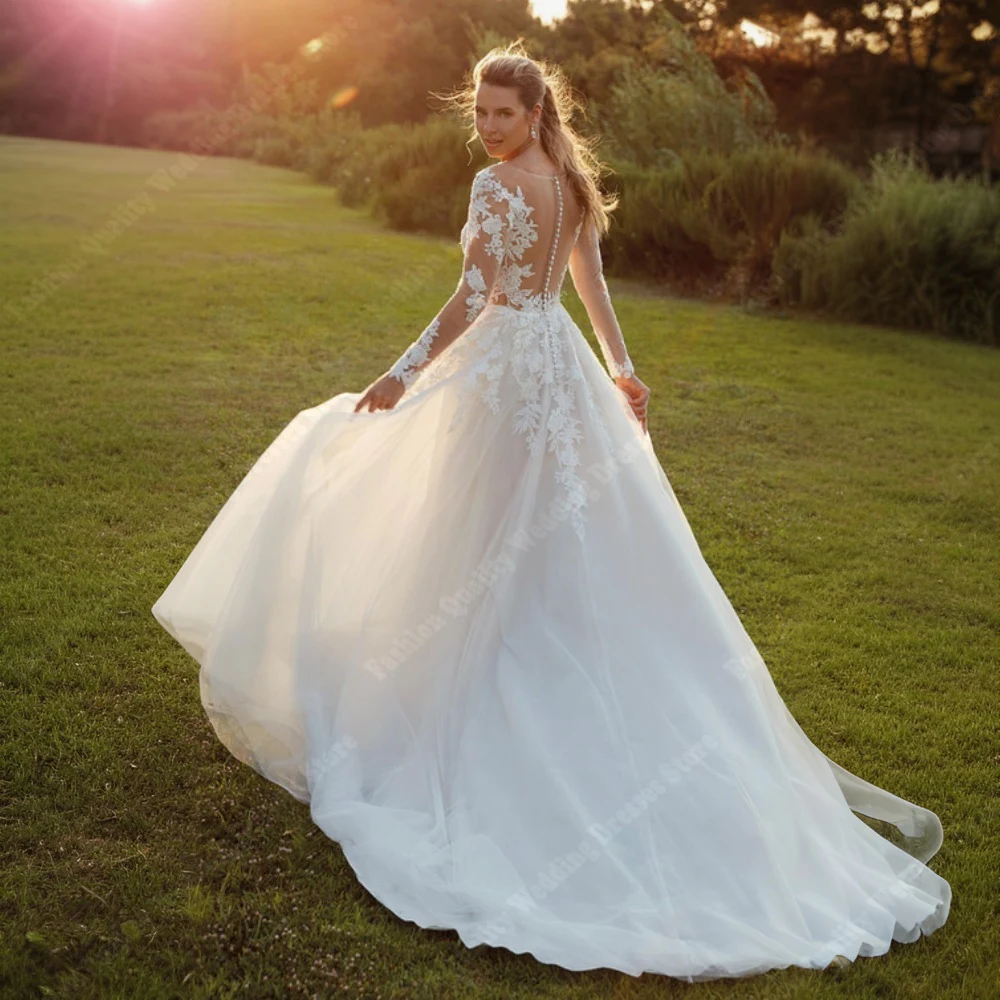 Elegant Shining Tulle Women Wedding Dresses Sexy V- Neck Backless Long Sleeves Mopping Length Party Vestidos De Novia Customized 2
