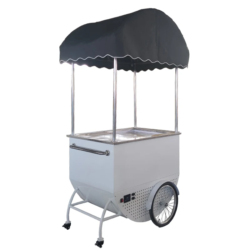 2023 New Commercial Display Cooler Ice Cream Gelato Cart with Umbrella Mobile Hand Push Vending Cart for Sale