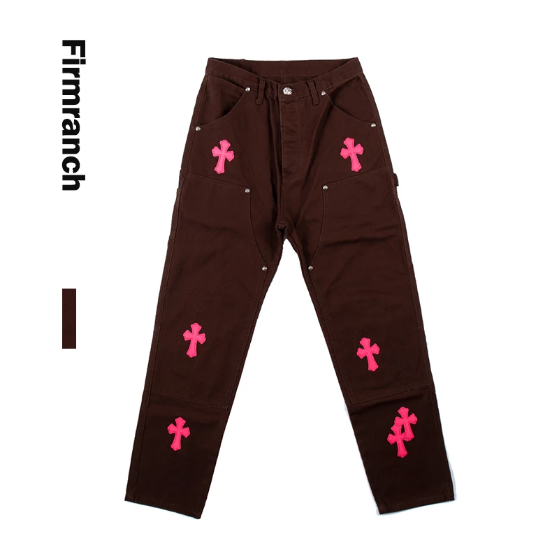 Firmranch New Leather Pink Cross Jeans For Men/Women 2023 High Street Jeans  Brown Straight Stacked Jeans Denim Moto