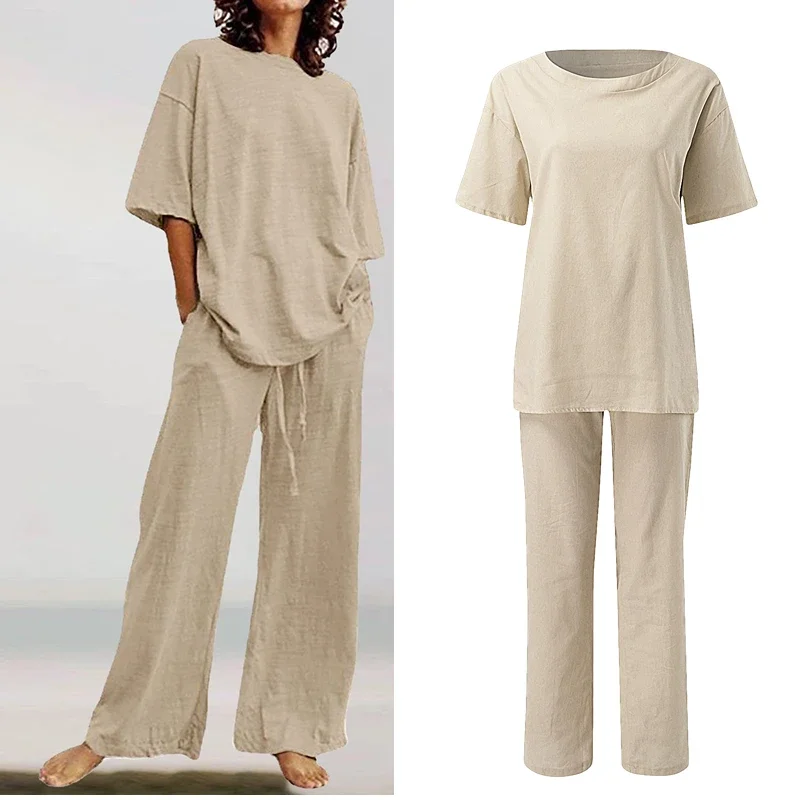 Summer Cotton Linen Shirt Set Loose Vintage Solid Casual Pocket Half Sleeve O Neck Elegant Top And Wide Leg Trouser Set Outfits