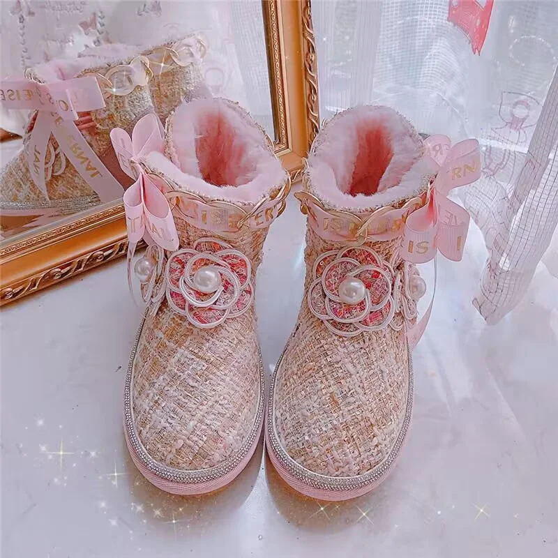 

White pearl flower edging hand custom velvet warm boots all fashion fur one body boots women's 35-39