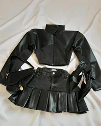 Y2K Leather Spliced Denim Black Two-Piece Gothic Set with Zipper Jacket and Mini Pleated Skirt - XXL (Two piece set5)
