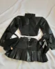 Y2K Leather Spliced Denim Black Two Piece Set Women Harajuku Gothic Long Sleeve Zipper Jacket Mini Pleated Skirt Autumn Jacket 1