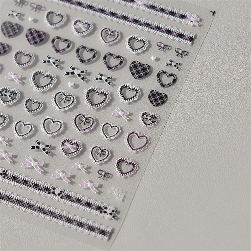 1pcs Sweet Pearl Lace Bow Nail Stickers Love Heart Pink White Black Lace Bow Self Adhesive Nail Art Decorations Decals Accessory 3