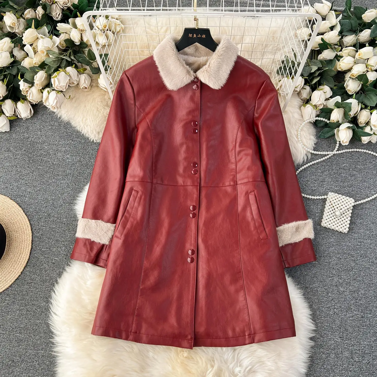 

Plus Velvet Thickened Leather Jacket Women Autumn Winter Korean Lapel Fur Inner Midi length PU Leather Outerwear Coat Feminina