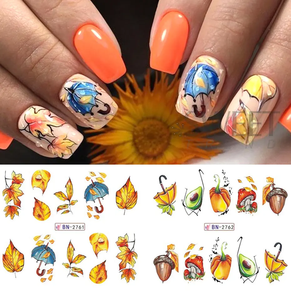 12pcs Autumn Nail Stickers Cartoon Fall Maple Leaves Pumpkin Mushroom Decal Water Transfer Sliders Gel Polish DIY Manicure Foils